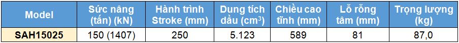 Kích rỗng tâm bằng nhôm 150 tấn 250 mm, kich 1 chieu bang nhom 150 tan 250 mm,SAH Single acting aluminium cylinder, hollow piston
